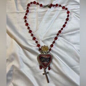 Rosary-Bead Necklace with Heart-&-Cross Pendant